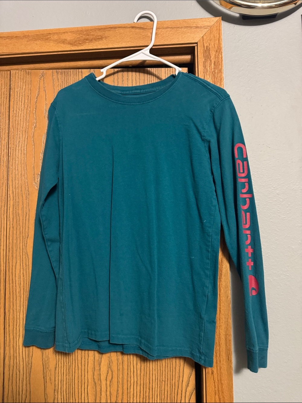 Carhartt Teal Long Sleeve Shirt with Pink Sleeve Logo